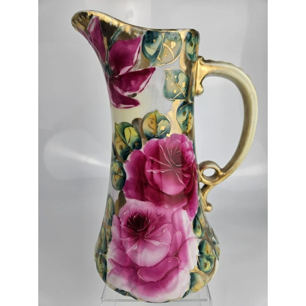 Vintage Hand Painted Rose‎ Porcelain Pitcher Gold Gilt Trim Wow!